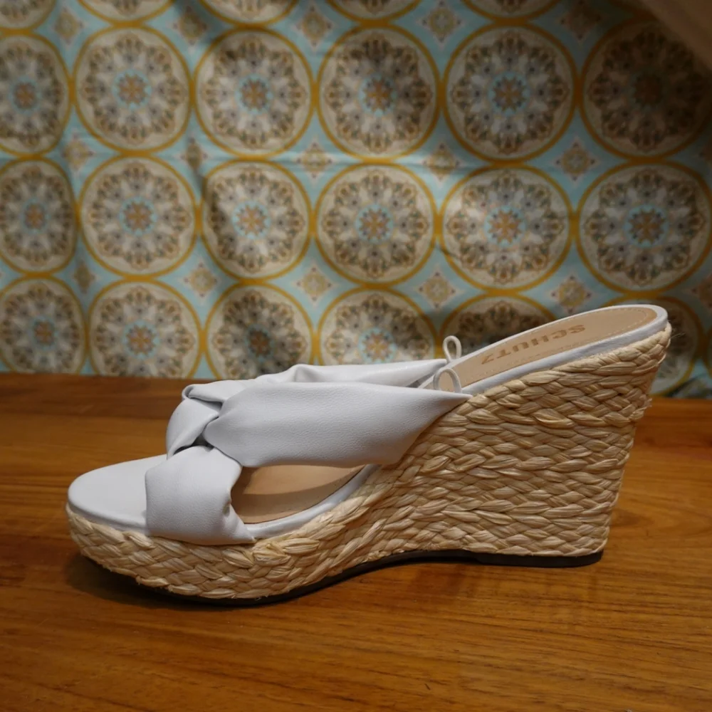 SCHUTZ White Slip-on Mule Sandals with Woven Raffia Covered Wedge Heel, size 8 - Picture 8 of 9